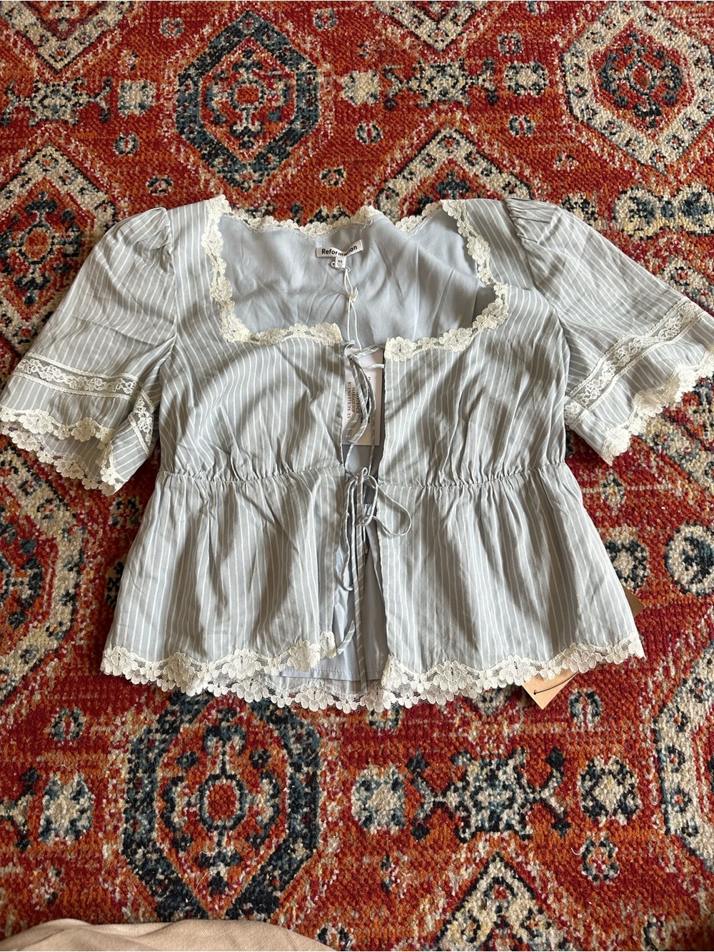 Reformation Light Blue and White Striped Lace-Trim Peplum Blouse